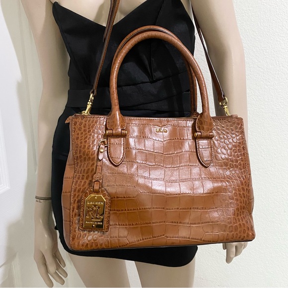 LAUREN Ralph Lauren Lanesborough Bourbon 100% Cow Leather Embossed Croc Satchel - Picture 1 of 16